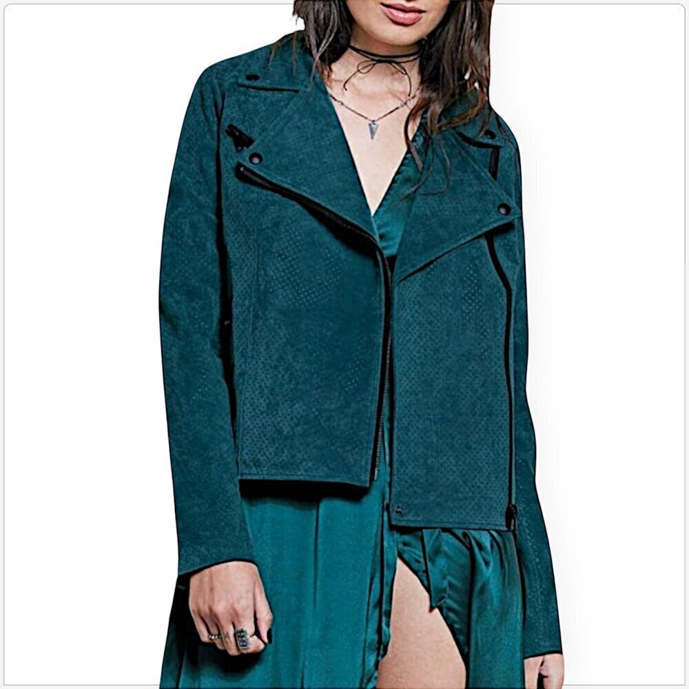 Stone Row Motorin Evergreen Suede Leather Biker Moto Jacket Teal Green NWT New M